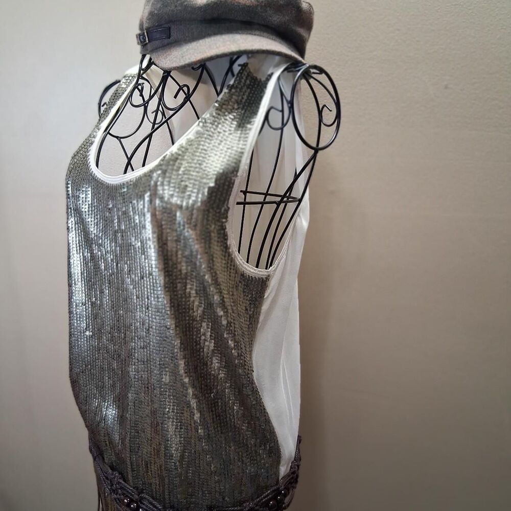 Y2K Silver Sequin Tank Top Blouse Metallic Glam Indie Sleaze M J.Crew Sequin - Picture 6 of 7